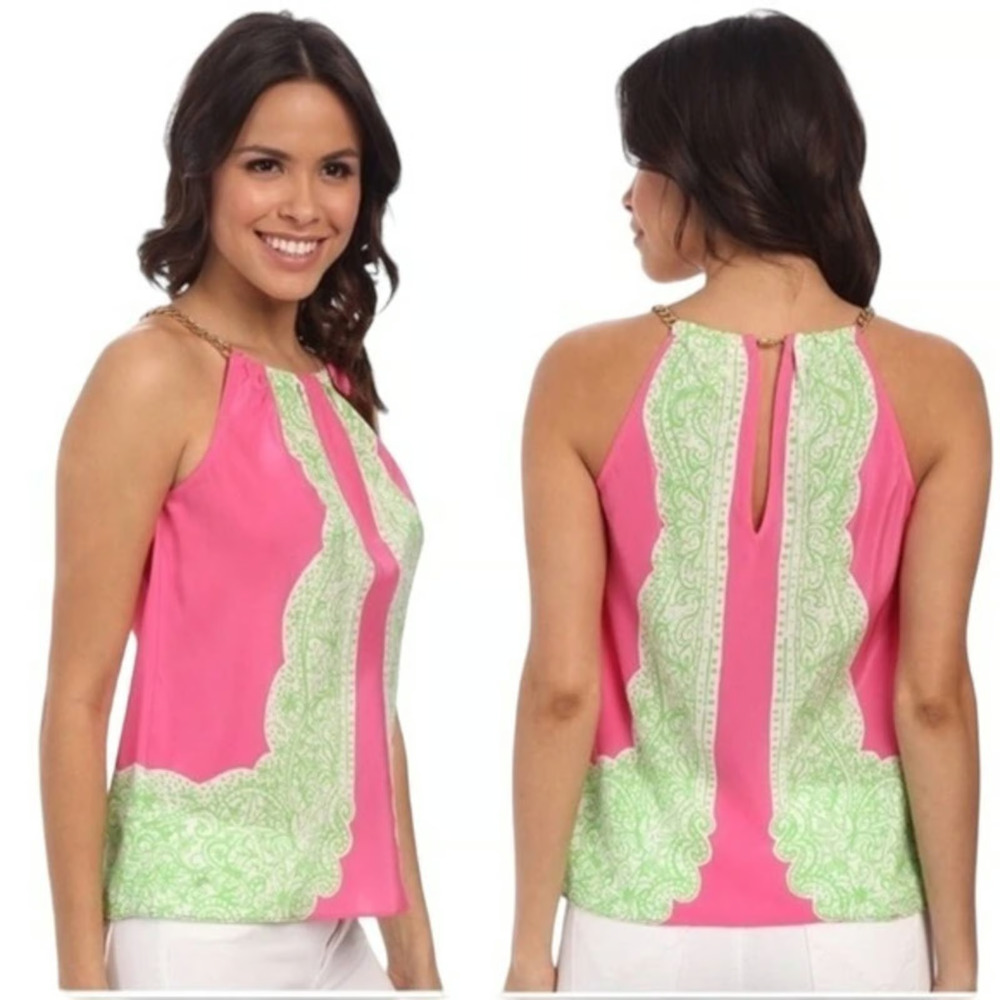 Lilly Pulitzer Silk Pink Green Riviera Gold Chain Halter Top XS